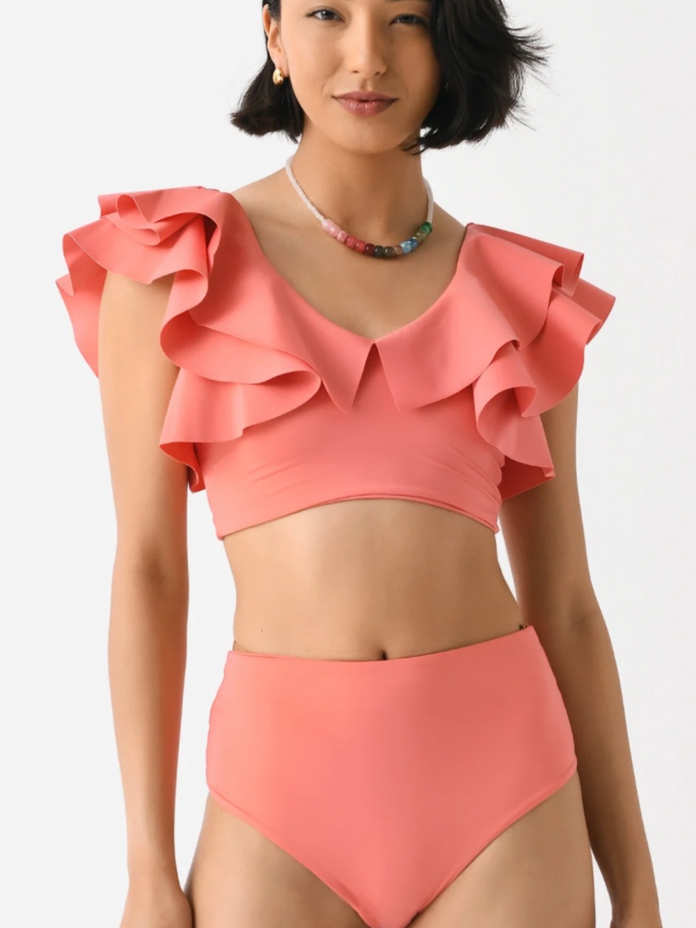 Ruffle V-Neck Coral High-Waist Bikini Set
